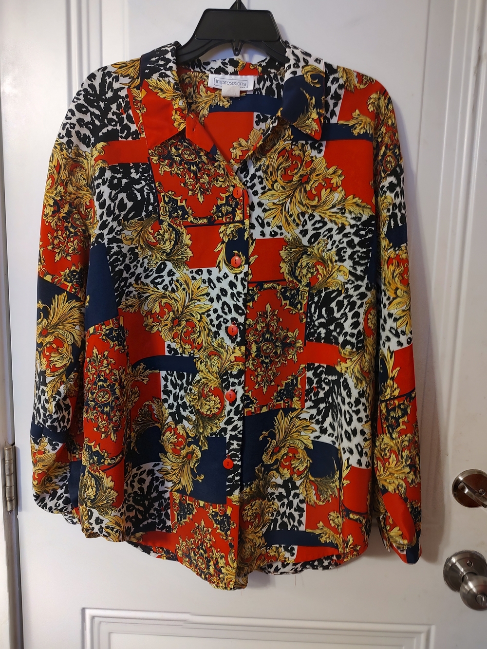 Impressions Red, Navy & Gold Printed Button-Up Blouse